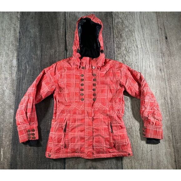 Obermeyer Womens Sz 6 Sawyer Quality Jacket Ski Snowboarding Vented Plaid Coral - Picture 1 of 12